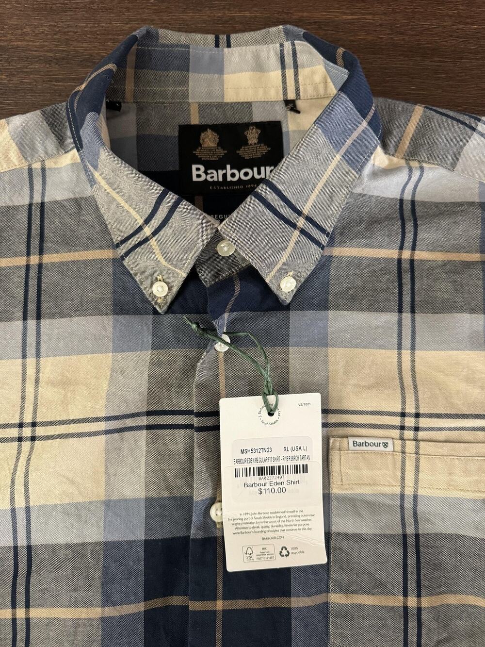 Barbour Eden Shirt Mens Large Blue Plaid Regular Fit Tartan Cotton Stretch
